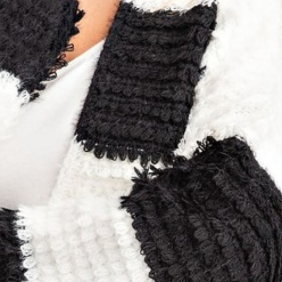 Black/White Striped Loop Knit Open Front Cardigan - Picture 3 of 4